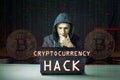 Hacker with a face is trying to steal cryptocurrency using a computer. Fraud and scam at Cryptojacking Royalty Free Stock Photo