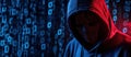 Hacker figure with digital mask, binary code background, dark atmosphere Royalty Free Stock Photo