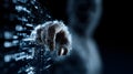 Hacker finger point cyber security digital data hologram interface network breach blue glow binary code tech abstract dark Royalty Free Stock Photo