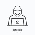 Hacker flat line icon. Vector outline illustration of criminal and laptop . Black thin linear pictogram for cyber thief