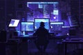 A hacker focused on coding and analysis sits at a desk, surrounded by glowing computer screens in a dimly lit room