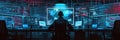 A hacker focused intently on multiple computer screens in a dimly lit room, immersed in coding and data analysis