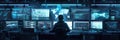 A hacker is focused on multiple screens in a dimly lit room, analyzing complex data and codes late at night, immersed in Royalty Free Stock Photo
