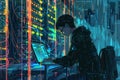 A hacker focuses on coding while bright server lights create a glowing atmosphere around them in a dark, high-tech