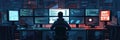 A hacker focuses intently on code and data displayed across various screens in a dark, technology-filled room during the