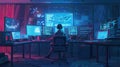 A hacker focuses intently at a desk cluttered with multiple glowing screens, immersed in data analysis within a dimly