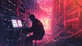 A hacker focuses intently on dual screens, surrounded by glowing servers and tangled wires in a dark server room