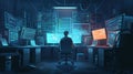 A hacker focuses intently on his work, monitoring data and coding across various glowing computer screens in a darkened