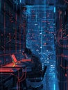 A hacker focuses intently on a laptop, surrounded by glowing computer screens and data displays in a dimly lit data