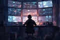 A hacker focuses intently on multiple computer screens while working late at night in a dimly lit room filled with
