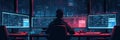 A hacker focuses intently on multiple glowing screens, surrounded by data, in a dimly lit room, immersed in an intense
