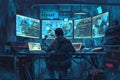 A hacker focuses intently on multiple screens in a dimly lit room, immersed in complex coding and digital exploration