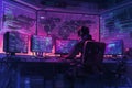 A hacker focuses intently on several computer screens in a darkened room, immersed in complex tasks late at night