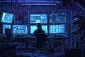 A hacker focuses intently on several glowing screens in a dark room while rain falls outside, creating a tense and