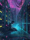 A hacker focuses intently on their laptop amidst glowing server racks in a dark, high-tech environment. Generative AI