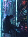 A hacker focuses intently on their laptop, surrounded by servers glowing with vibrant lights in a dimly lit room
