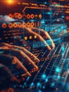 A hacker focuses intently while typing on a keyboard, surrounded by glowing codes and digital symbols, creating an