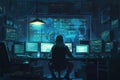 A hacker focuses on multiple screens, coding and analyzing data in a dimly lit room filled with high-tech equipment