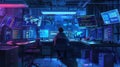 A hacker focuses on various computer screens in a dimly lit room, engaged in intense coding and cybersecurity activities