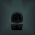 Hacker in front of his laptop. Dark face. Hacker using abstract laptop with binary code digital interface. Royalty Free Stock Photo