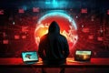 Hacker in front of laptop computer with digital world map on background, Internet security protection from hacker attacks, Cyber Royalty Free Stock Photo