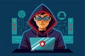A hacker with glasses focuses intently on his laptop surrounded by digital elements Hacker Customizable Disproportionate