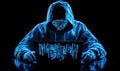 Hacker with glowing hoodie and laptop, digital code emanating, dark background