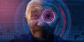 hacker grandfather with artificial eye, binary code, gloomy cyberspace atmosphere. Royalty Free Stock Photo