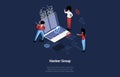 Hacker Group Concept Illustration In Cartoon 3D Style. Isometric Vector Composition On Dark Blue Background. Cyber