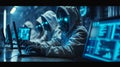Hacker group in white hoodies wearing glowing masks working at computers in a cyberpunk setting. High-tech cybercrime concept