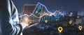 Hacker hands using laptop with glowing business chart on dark city background with location marks. GPS, logistics and finance