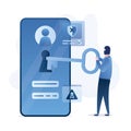 Hacker hold big key. Anonymous unlocks phone protection. Spamming, hacker attack, scam alert. Network piracy danger Royalty Free Stock Photo