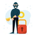 Hacker holding key with padlock for security concept vector illustration