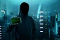 Hacker holding mobile phone in server room Royalty Free Stock Photo