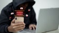 Hacker Holding Smartphone with System Hacked Alert Cybersecurity Concept Royalty Free Stock Photo