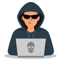 Hacker in a hood and black glasses with a laptop. Network hacking. Royalty Free Stock Photo