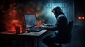 Hacker in hood without a face at laptop. Hacks dark background. Internet scammer or thief. Darknet. Cyber attack