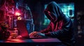 Hacker in hood without a face at laptop. Hacks dark background. Internet scammer or thief. Darknet. Cyber attack