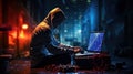 Hacker in hood without a face at laptop. Hacks dark background. Internet scammer or thief. Darknet. Cyber attack