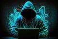 Hacker in a hood with a hidden face looks at the screen of a laptop. Hacking and malware concept.