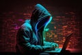 Hacker in a hood with a hidden face looks at the screen of a laptop. Hacking and malware concept.