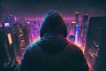 Hacker in the hood looking from above on the cyberpunk city. Generative AI