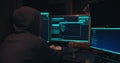 Hacker in a hood sits in front of computer screens and hacks databases Royalty Free Stock Photo