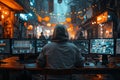 A hacker in the hood is sitting at his desk and looks into three monitors, on which he sees system information. He uses