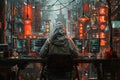 A hacker in the hood is sitting at his desk and looks into three monitors, on which he sees system information. He uses