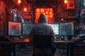 A hacker in the hood is sitting at his desk and looks into three monitors, on which he sees system information. He uses