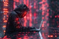 Hacker in a hood using a laptop, coding and data on a code background. Digital symbols and abstract technology concept Royalty Free Stock Photo