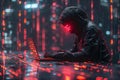 Hacker in a hood using a laptop, coding and data on a code background. Digital symbols and abstract technology concept Royalty Free Stock Photo