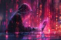 Hacker in a hood using a laptop, coding and data on a code background. Digital symbols and abstract technology concept Royalty Free Stock Photo