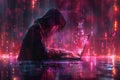 Hacker in a hood using a laptop, coding and data on a code background. Digital symbols and abstract technology concept Royalty Free Stock Photo